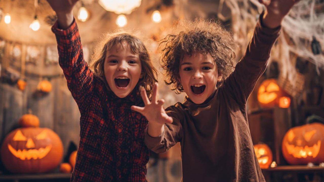 Niños disfrazados celebrando Halloween entre calabazas y telarañas decorativas en una fiesta divertida y familiar.