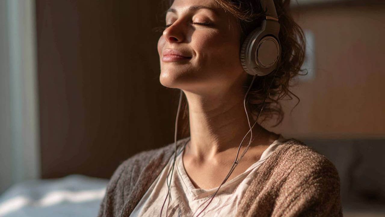Mujer embarazada escuchando música con auriculares durante el embarazo para relajarse antes del parto.