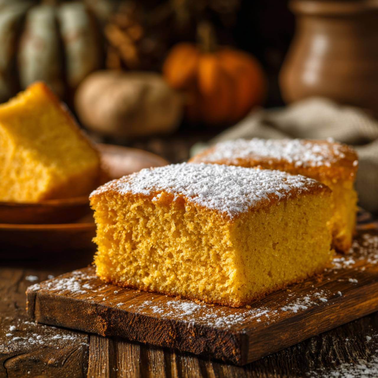 Trozo de coca de calabaza esponjosa con azúcar glas sobre tabla de madera, postre casero de otoño.