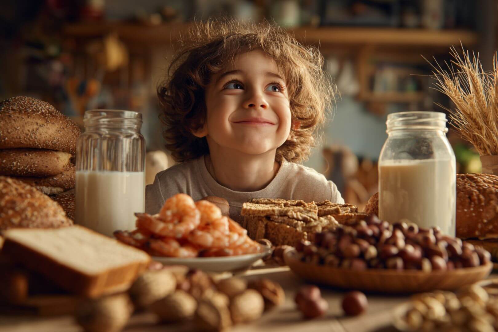 Niño sonriente en una mesa con leche, pan, camarones y frutos secos, ejemplos de alimentos que pueden provocar alergias infantiles.