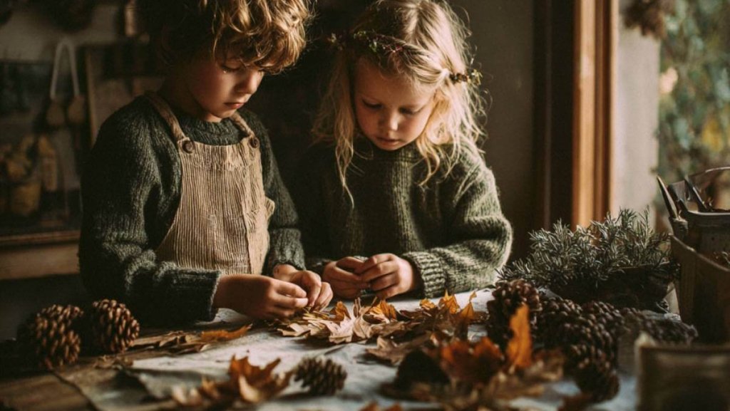 Dos niños pequeños realizan manualidades de otoño con hojas secas y piñas sobre una mesa de madera.