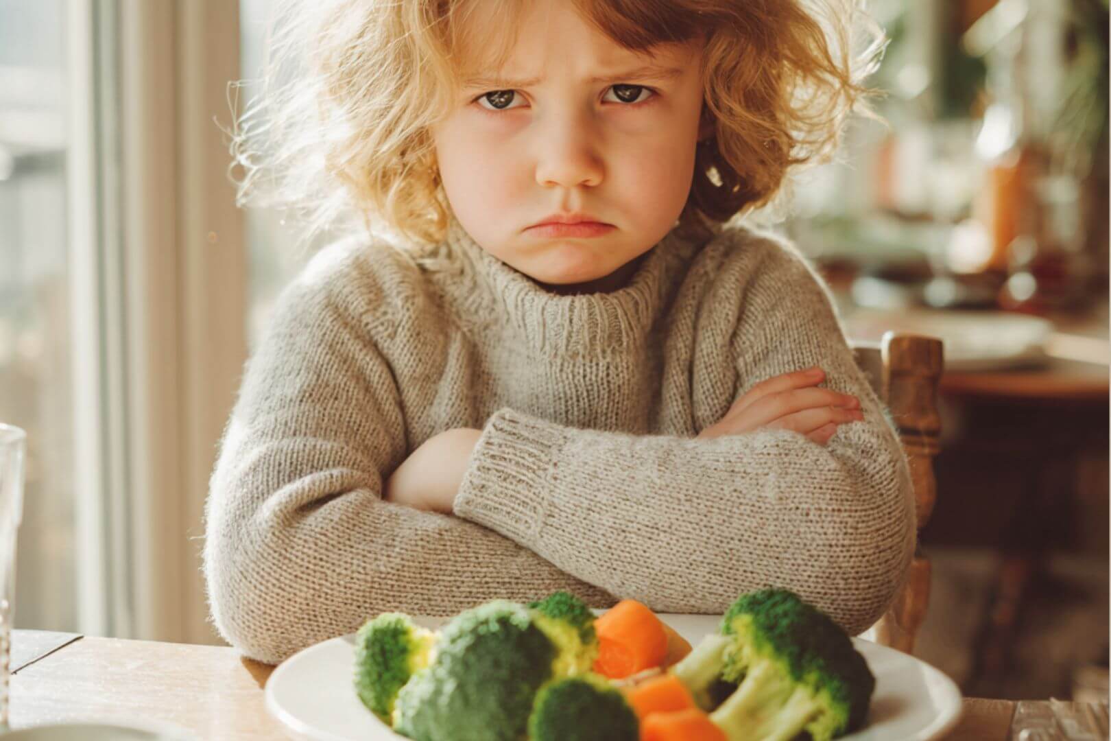 Niña de unos 4 años, con expresión seria y brazos cruzados, sentada frente a un plato con brócoli y zanahorias, en una mesa iluminada por luz natural.