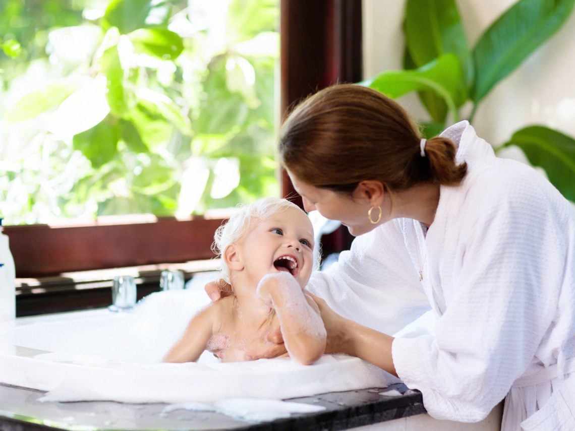 Cuando el niño pequeño bebe el agua de la bañera