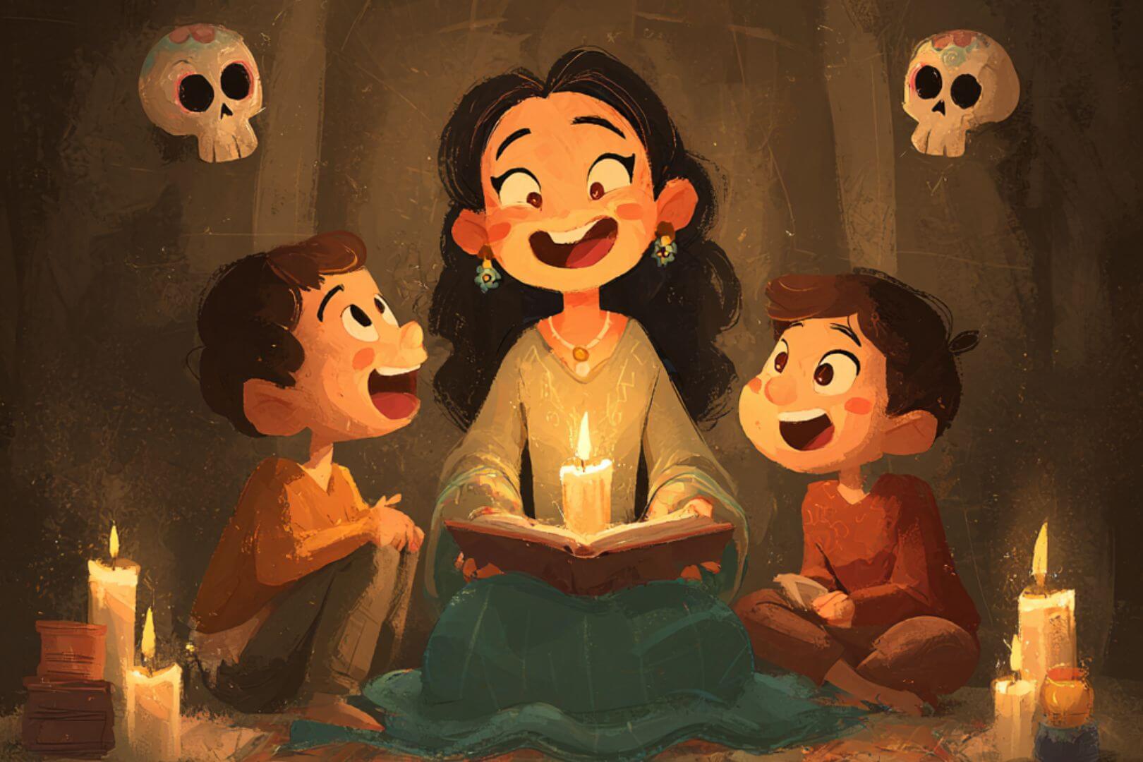 Madre leyendo a sus hijos la leyenda de La Llorona con velas encendidas y decoración de Halloween, escena cálida y familiar.