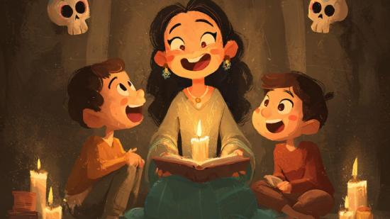 Madre leyendo a sus hijos la leyenda de La Llorona con velas encendidas y decoración de Halloween, escena cálida y familiar.