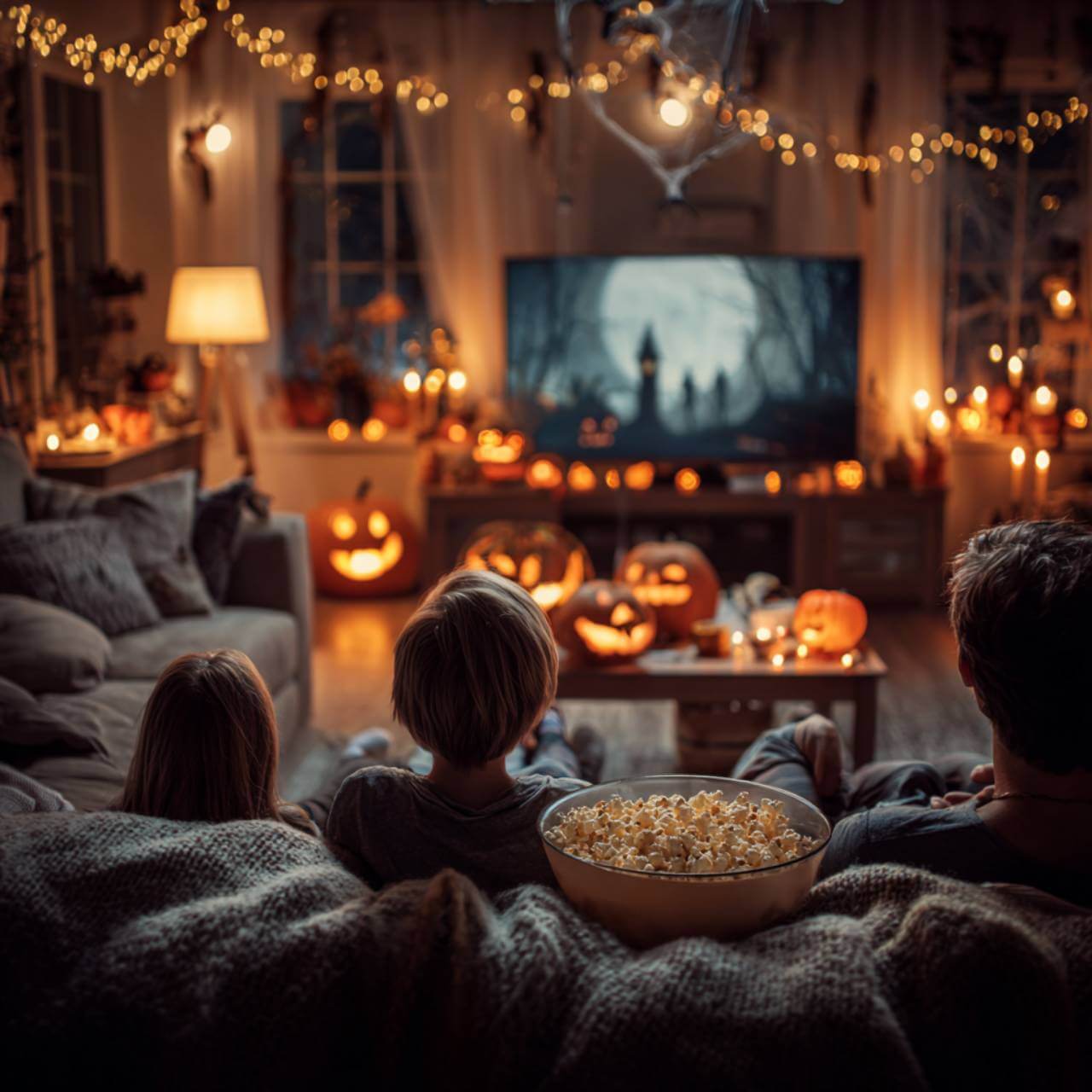 Familia en el salón viendo una película en televisión, con decoración de Halloween, calabazas talladas, luces y cuenco de palomitas.