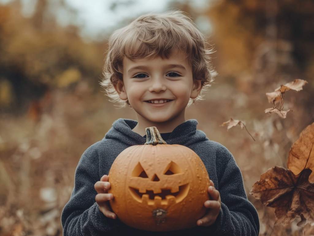 Un niño con una calabaza de halloween