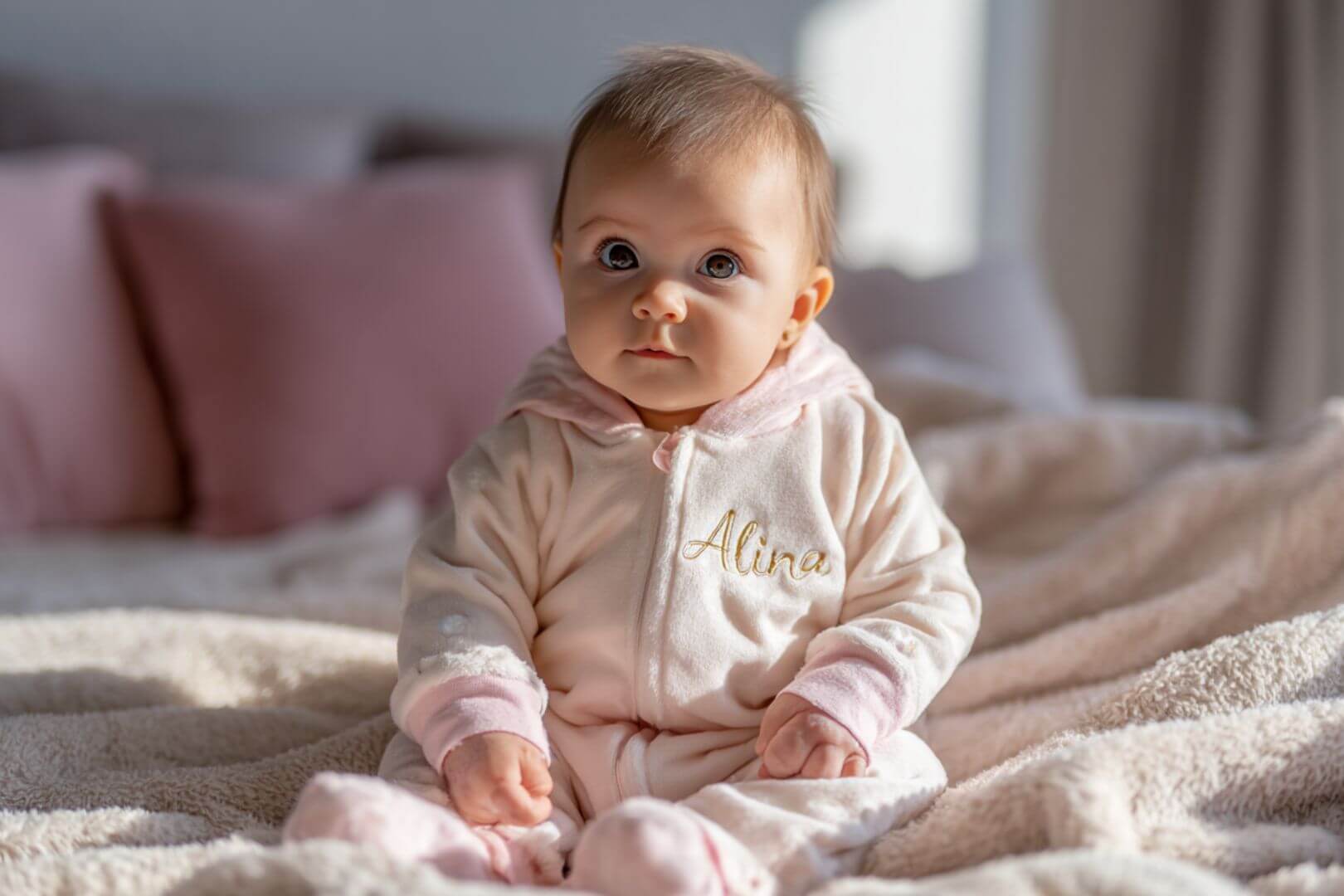 Bebé niña con pijama beige y rosa bordado con el nombre Alina