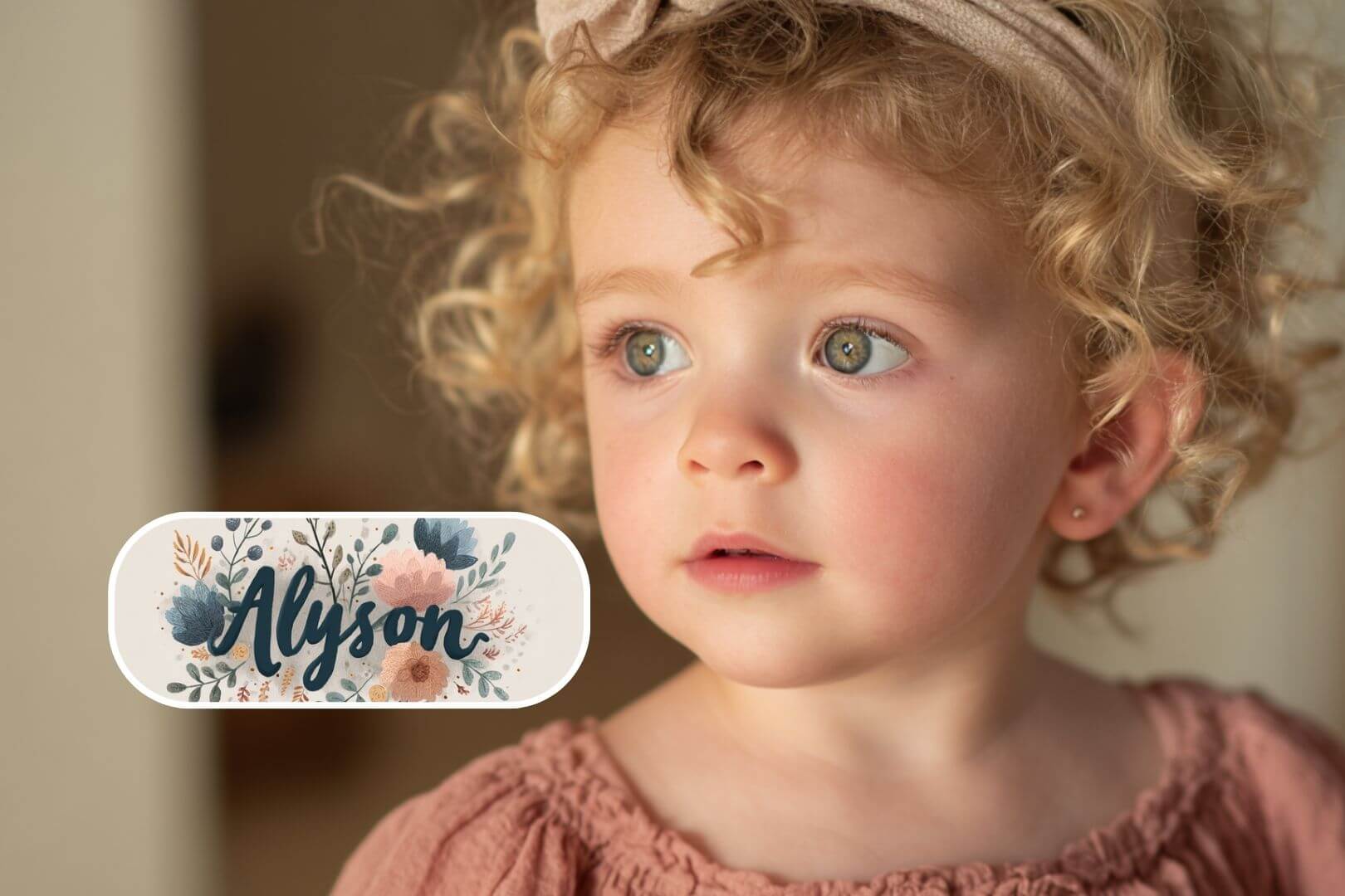 Una niña pequeña con expresión tierna y detalles decorativos que ilustran el nombre Alyson.