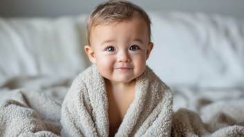 Bebé niño envuelto en manta beige sonriendo con mirada dulce