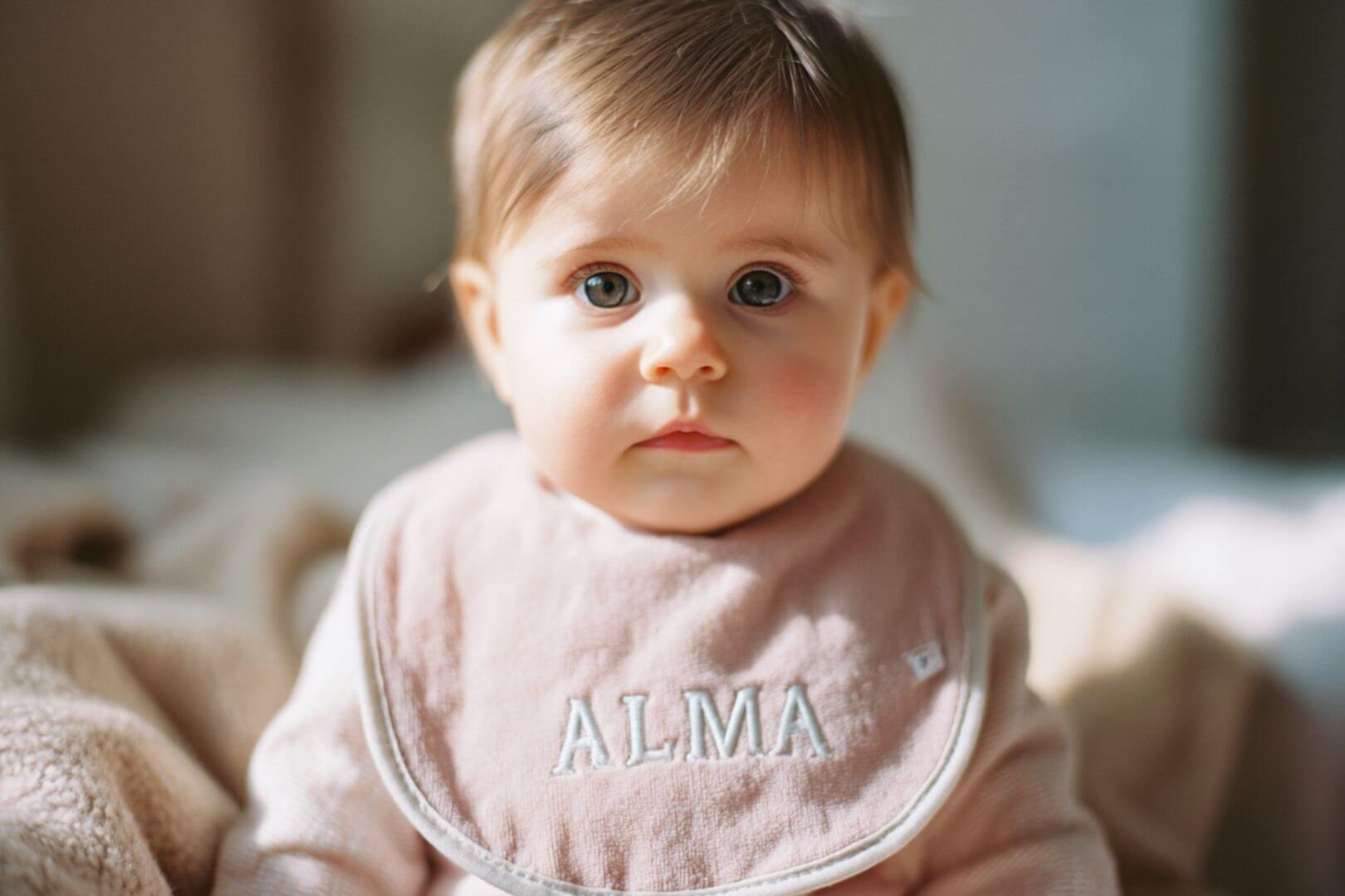 Bebé de ojos grandes con babero rosa donde se lee ALMA, en ambiente acogedor.