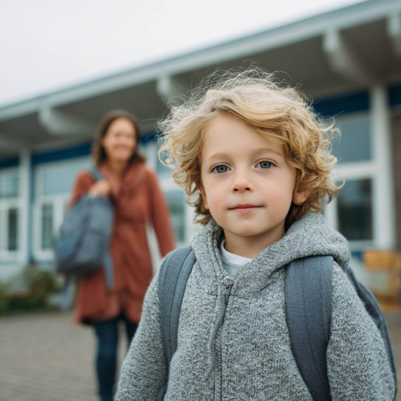 Niño rubio con mochila mirando a cámara en la entrada del colegio, con su madre al fondo.
