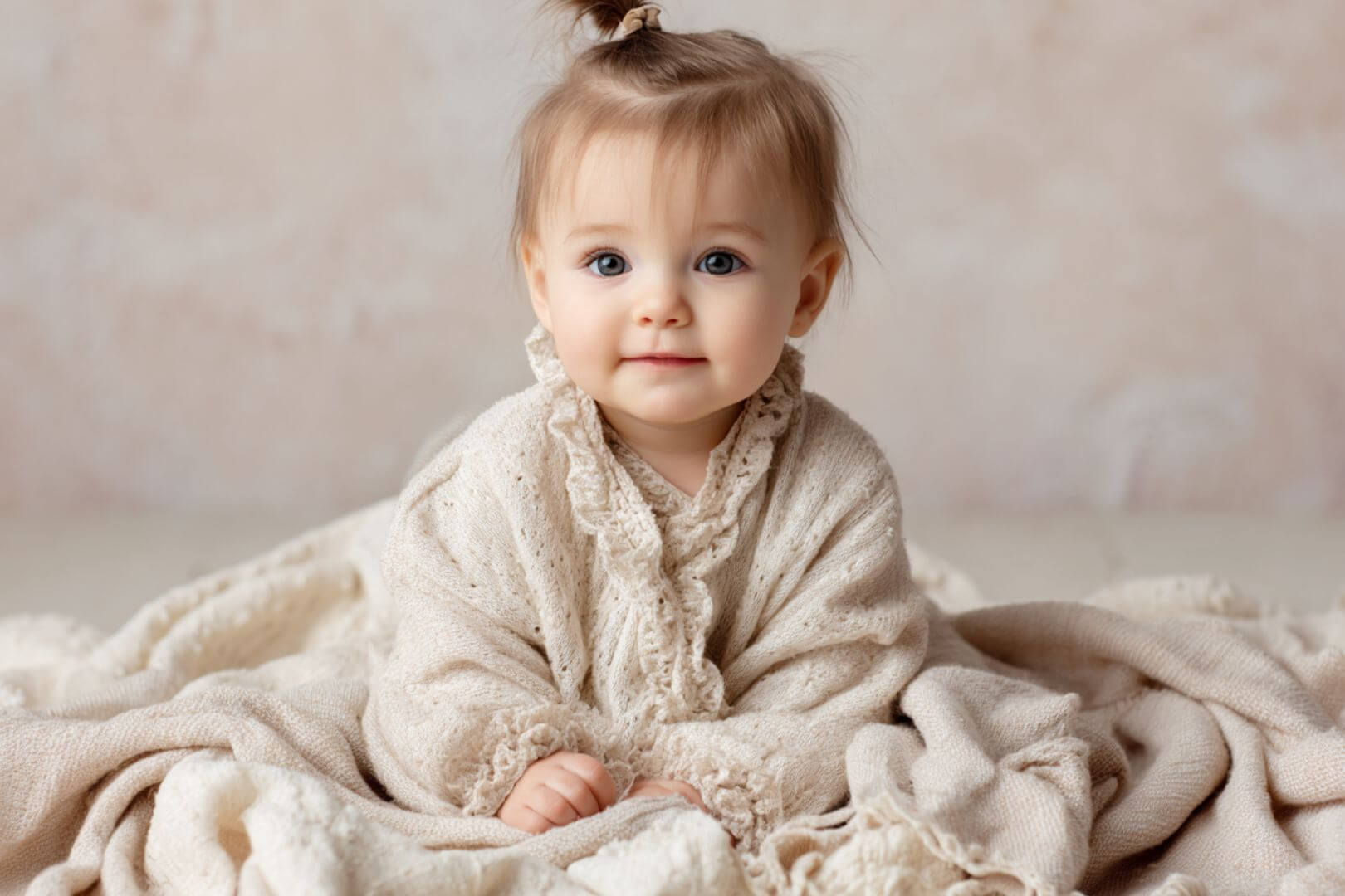 Bebé niña con ropa beige de punto sentada sobre manta de lana