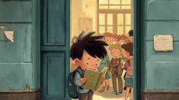 Ilustración de un niño con mochila leyendo un cuento en la puerta del colegio durante la vuelta a clase.