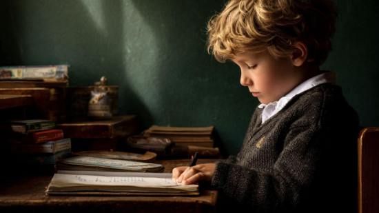 Niño pequeño concentrado escribiendo en su cuaderno de clase.