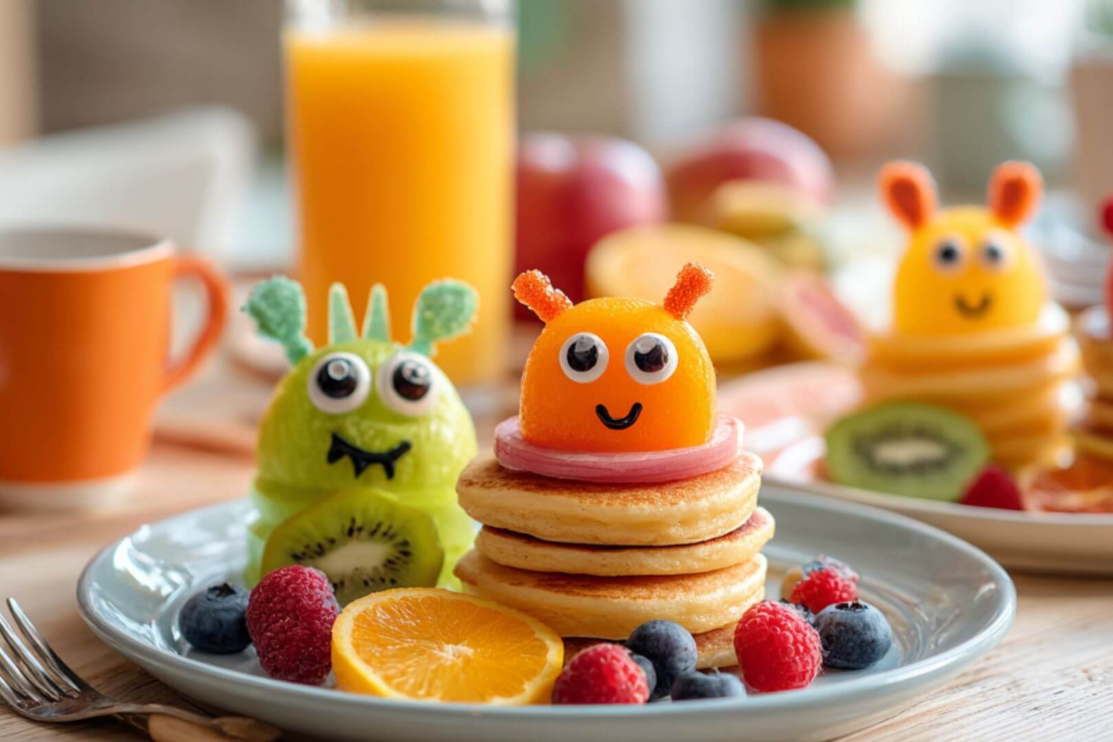 Desayuno monstruoso de Halloween con tortitas decoradas con frutas y ojos de azúcar, una forma divertida y saludable de empezar el día.