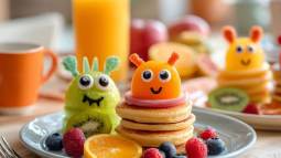 Desayuno monstruoso de Halloween con tortitas decoradas con frutas y ojos de azúcar, una forma divertida y saludable de empezar el día.