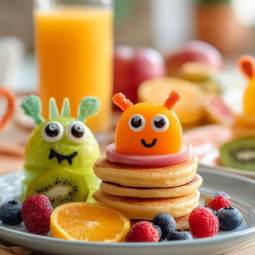 Desayuno monstruoso de Halloween con tortitas decoradas con frutas y ojos de azúcar, una forma divertida y saludable de empezar el día.