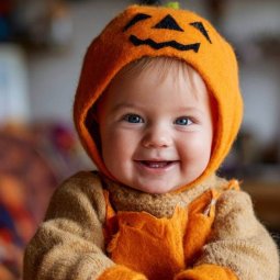 bebé sonriente con disfraz casero de Halloween hecho a mano, rodeado de materiales de manualidades.