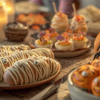 Merienda de Halloween para niños con comida casera decorada como momias, calabazas y arañas en una mesa familiar iluminada con luz cálida.