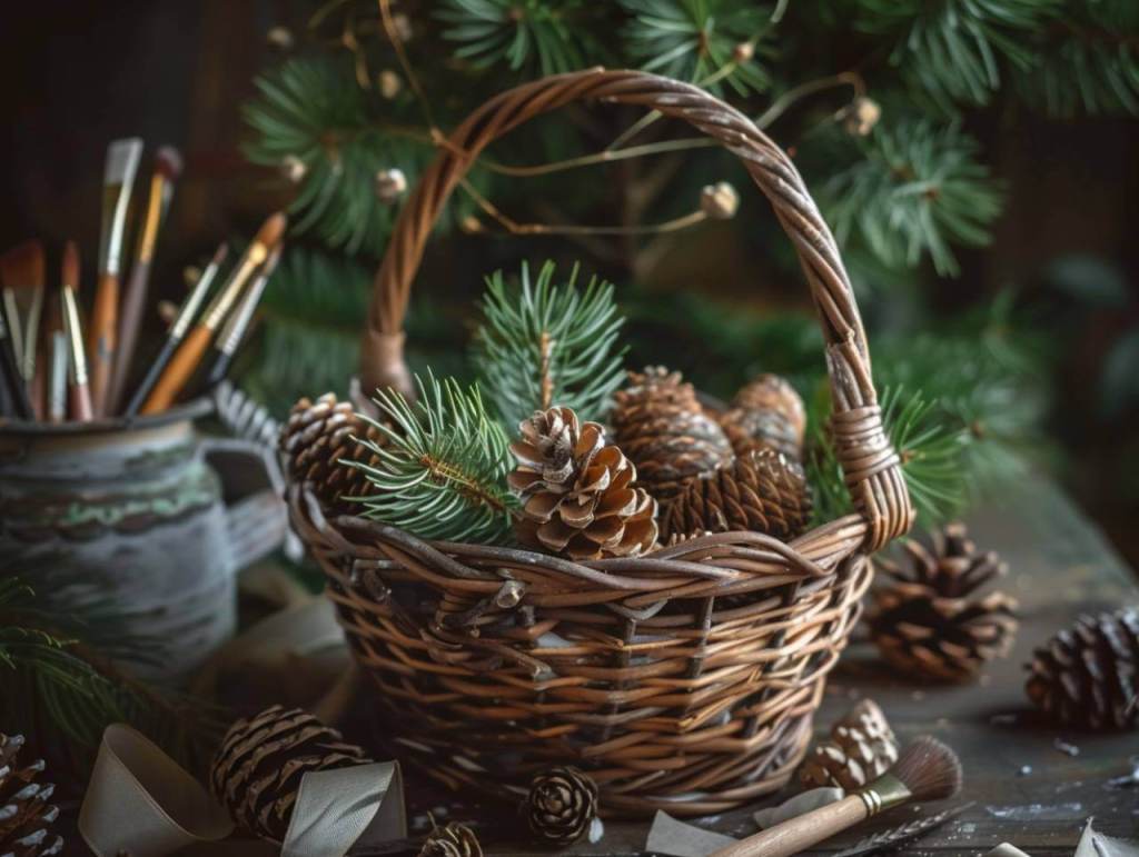Cesta con piñas secas y ramas de pino para decorar en otoño y Navidad.