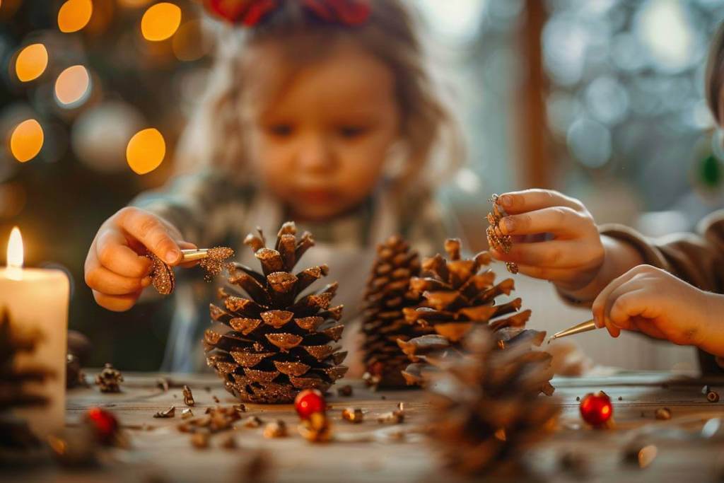 Niños decorando piñas secas con purpurina para Halloween y Navidad.