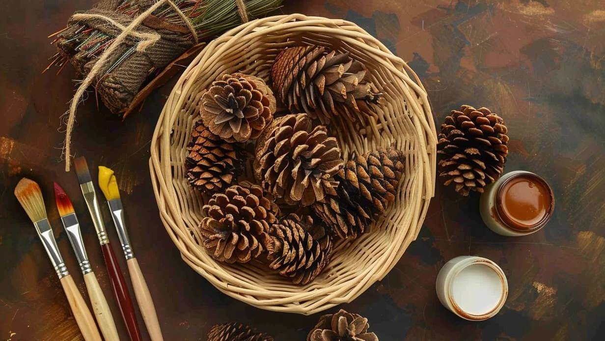 Materiales para manualidades con piñas secas: pinceles, pinturas y cesta natural.