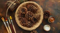 Materiales para manualidades con piñas secas: pinceles, pinturas y cesta natural.