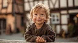 Bebé rubio envuelto en suéter marrón sonriendo frente a casas de entramado típicas de Alemania.