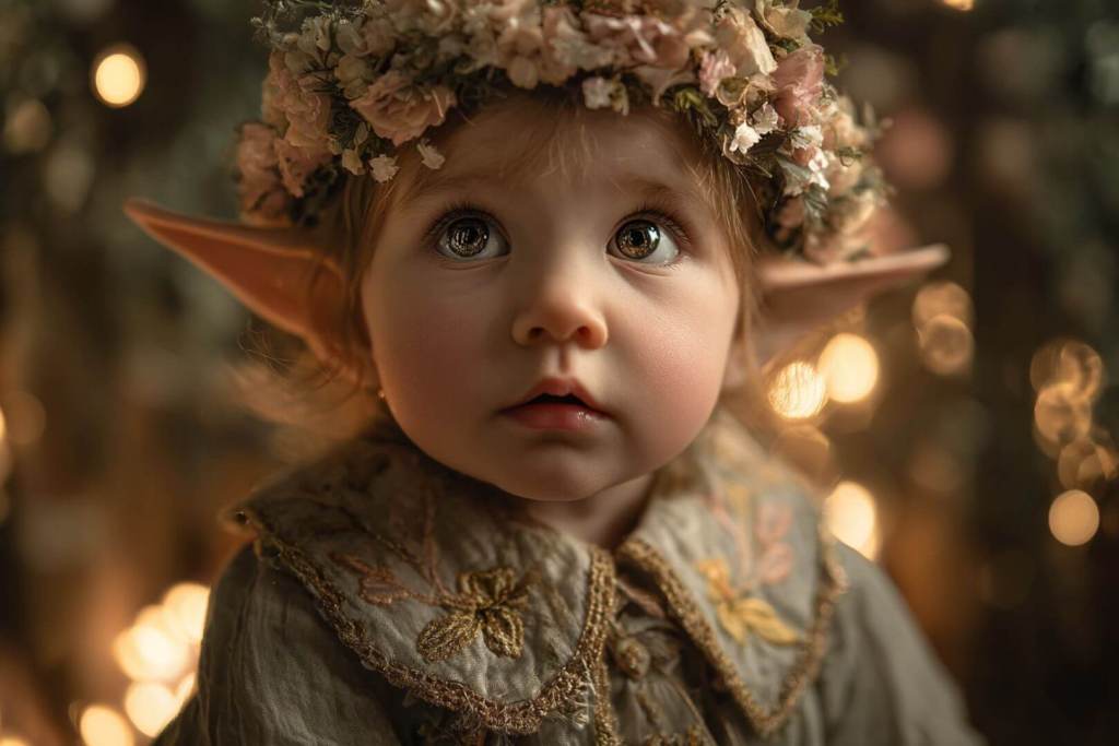 Bebé vestida como elfa con corona floral y orejas puntiagudas, en un fondo de luces doradas.