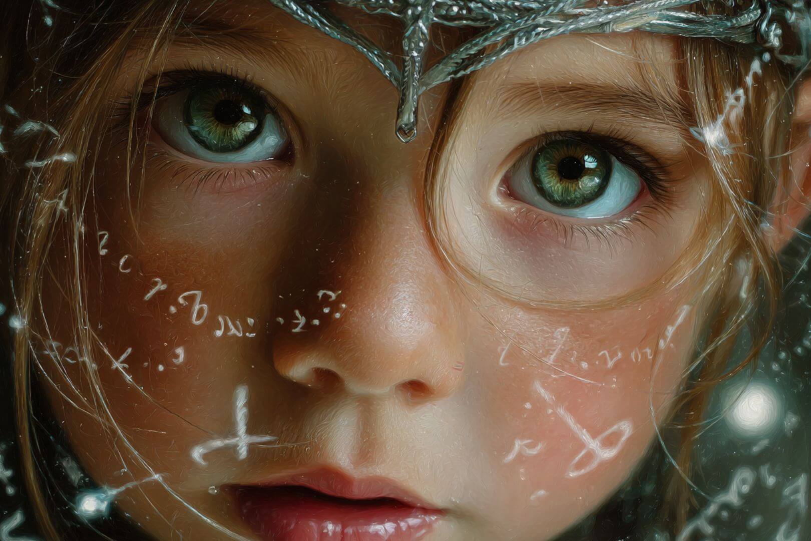 Niña con aspecto de elfa, ojos verdes intensos, corona mágica y símbolos flotando a su alrededor.