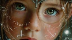 Niña con aspecto de elfa, ojos verdes intensos, corona mágica y símbolos flotando a su alrededor.