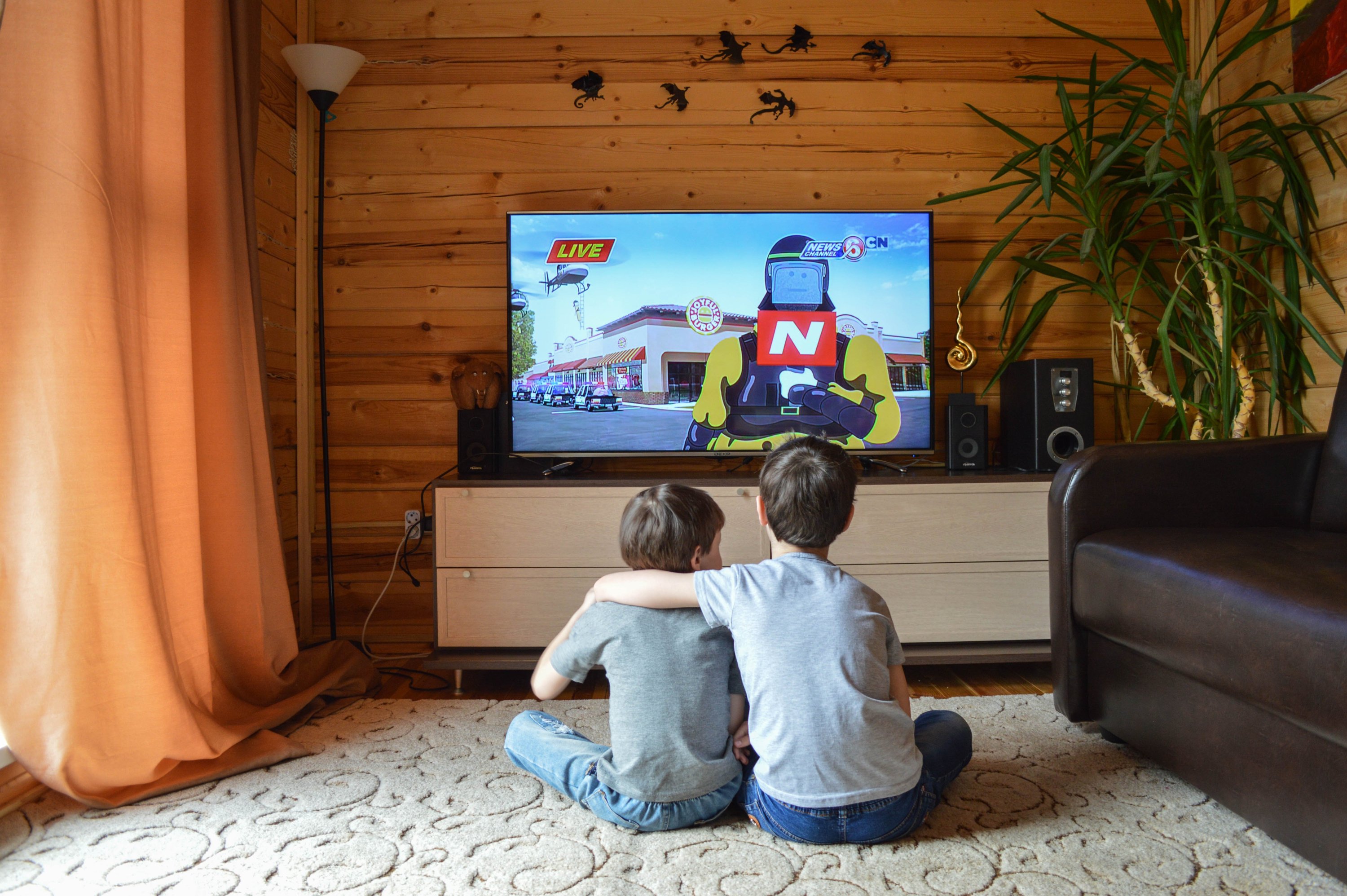 Hermanos viendo dibujos en la televisión
