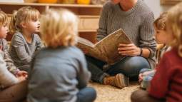 Maestra rodeada de niños en círculo mientras lee un libro en el aula de infantil.
