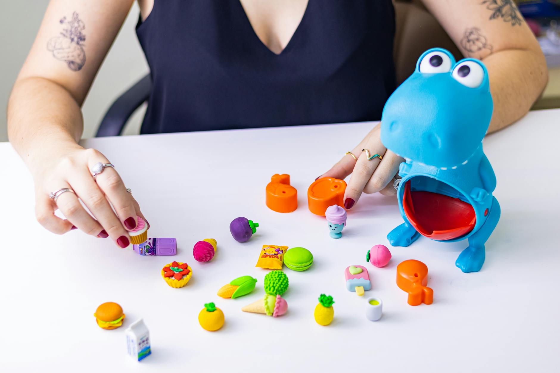 colorful desk toys and figurines interaction