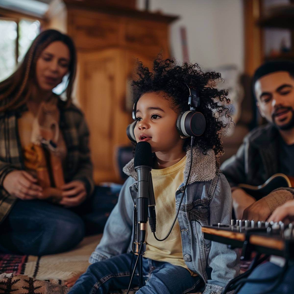 Una niña cantando con su familia en casa