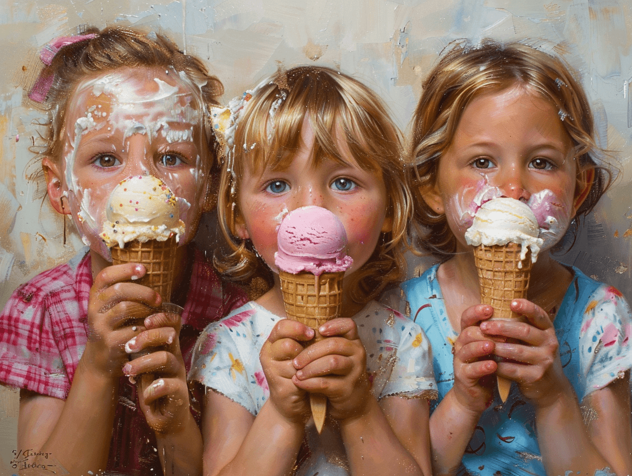Tres niñas manchadas comen helado