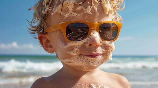 Un niño, lleno de crema y agua, en la playa