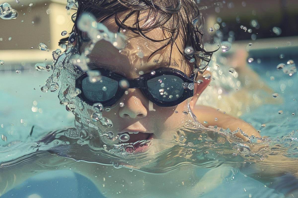 Un niño nada en la piscina