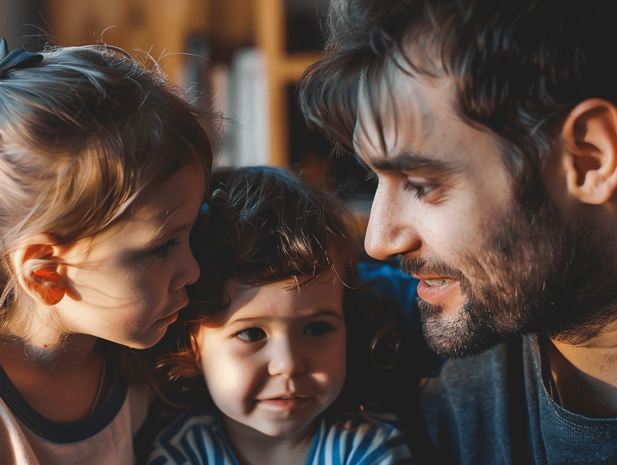 Un padre y sus dos hijas hablando en la intimidad