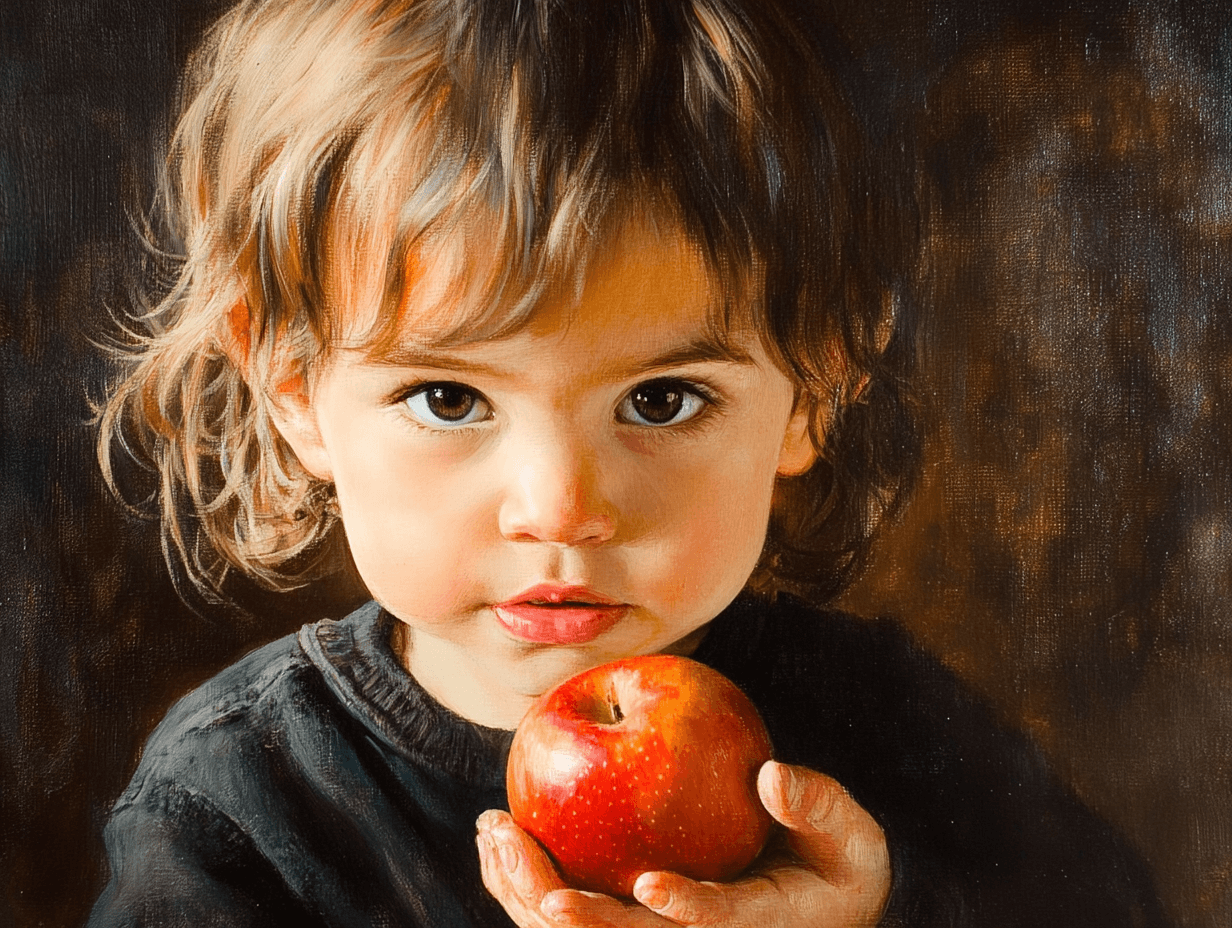 Un peque con una fruta en la mano