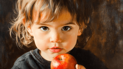 Un peque con una fruta en la mano