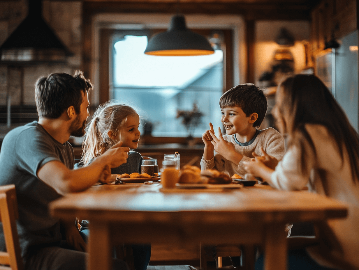 Una familia compartiendo conversación y mesa
