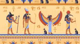 Egyptian deities on ancient bas relief with hieroglyphs