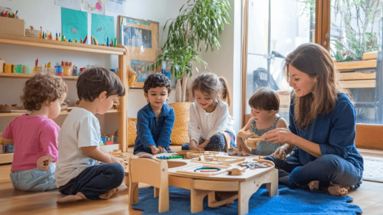 Una clase Montessori con actividad