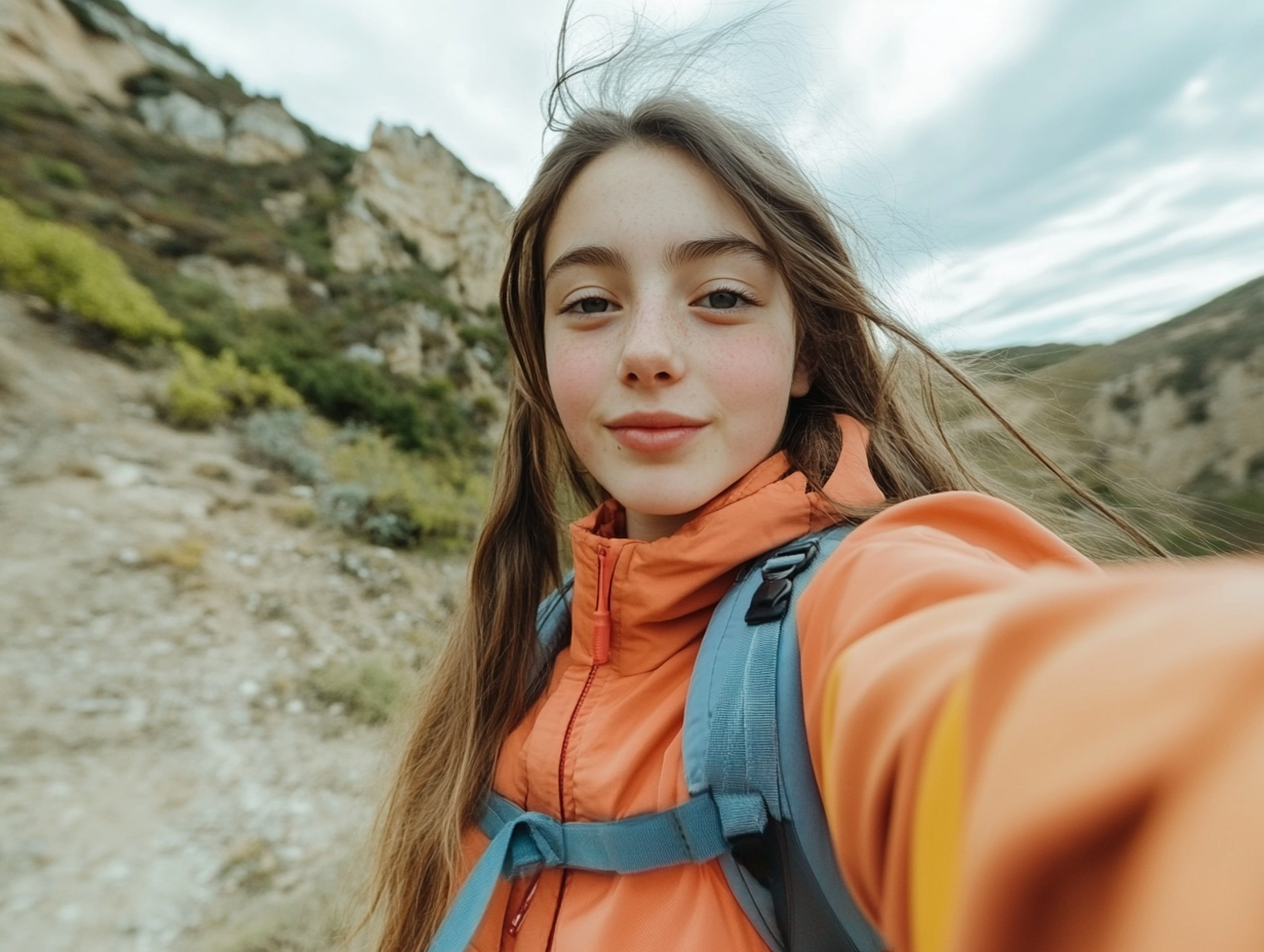 Una adolescente sacándose un selfie en la montaña