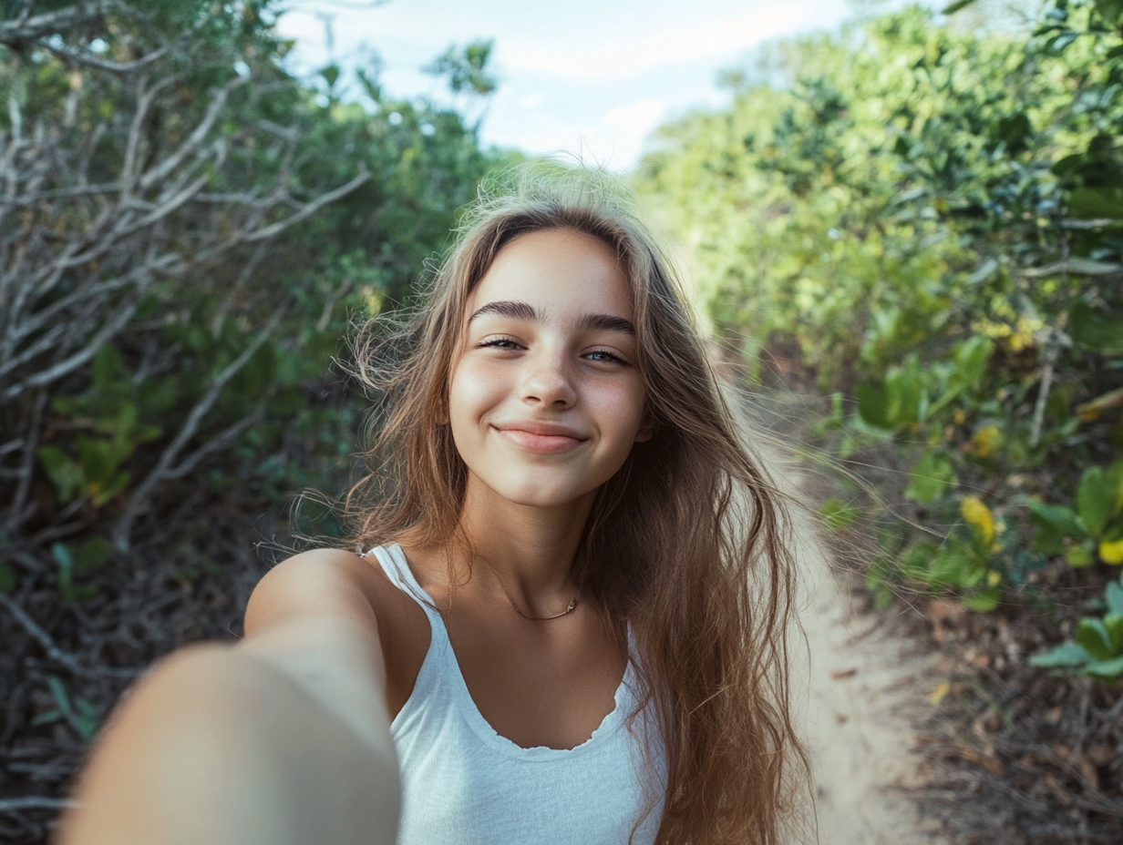 Una adolescente se hace un selfie en la naturaleza