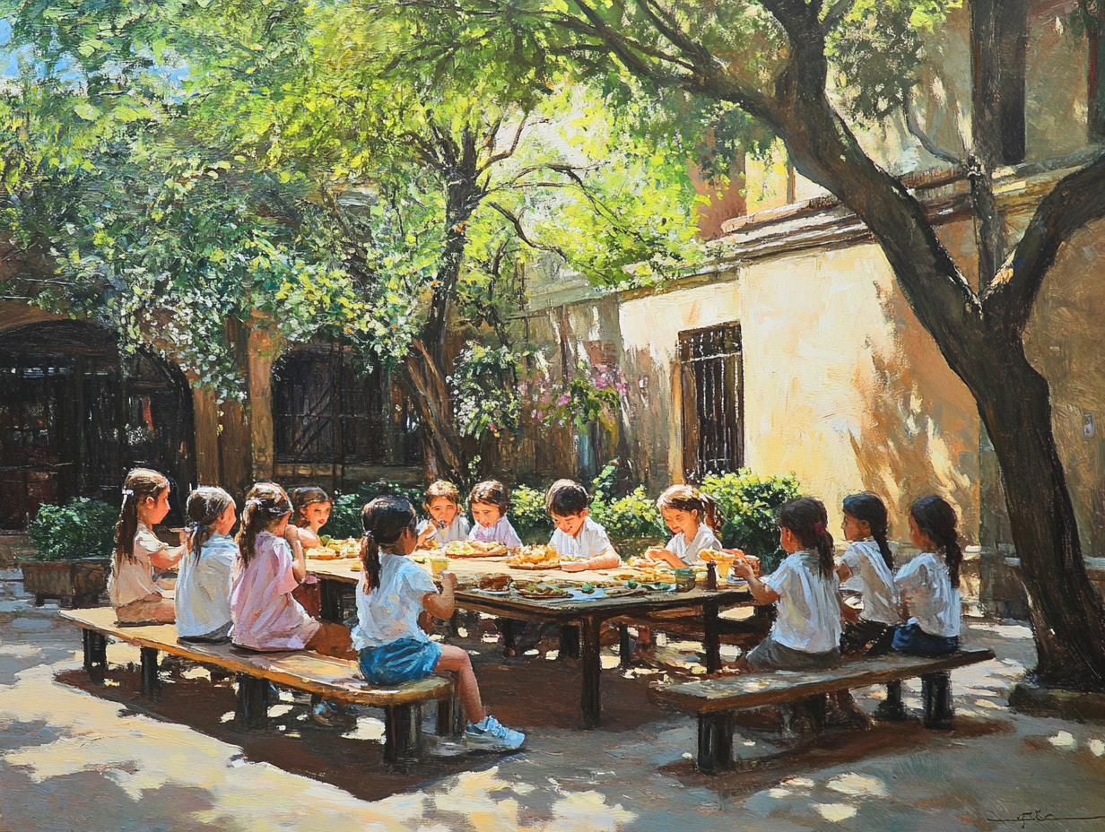Un grupo de niños tomando el almuerzo en el patio