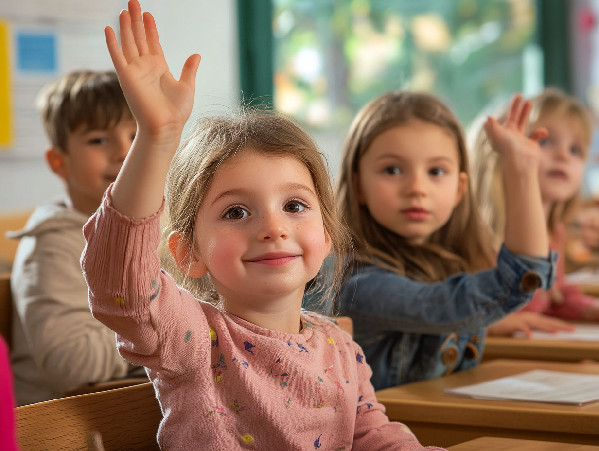 Un aula de una academia de idiomas con niños y niñas pequeños
