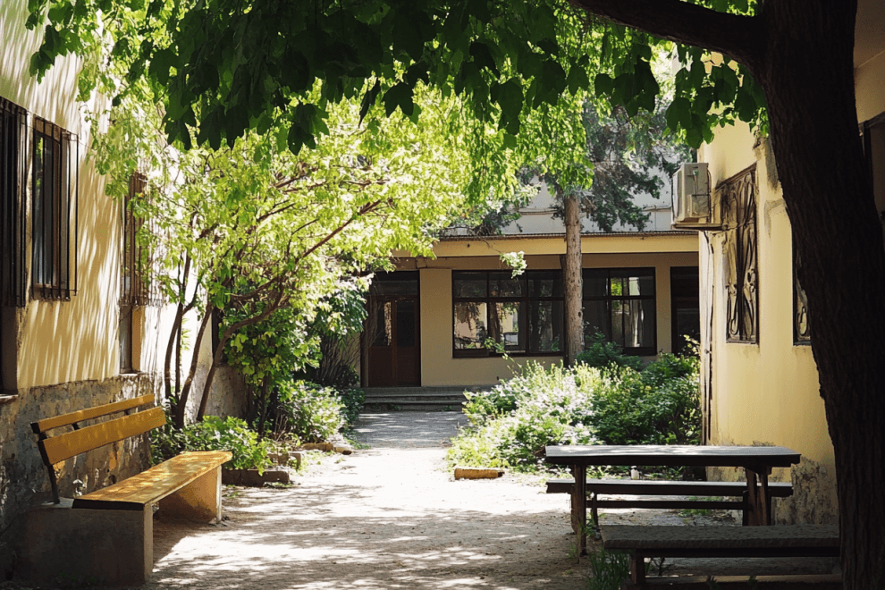 Un patio de un colegio con muchas zonas de sombra y naturaleza